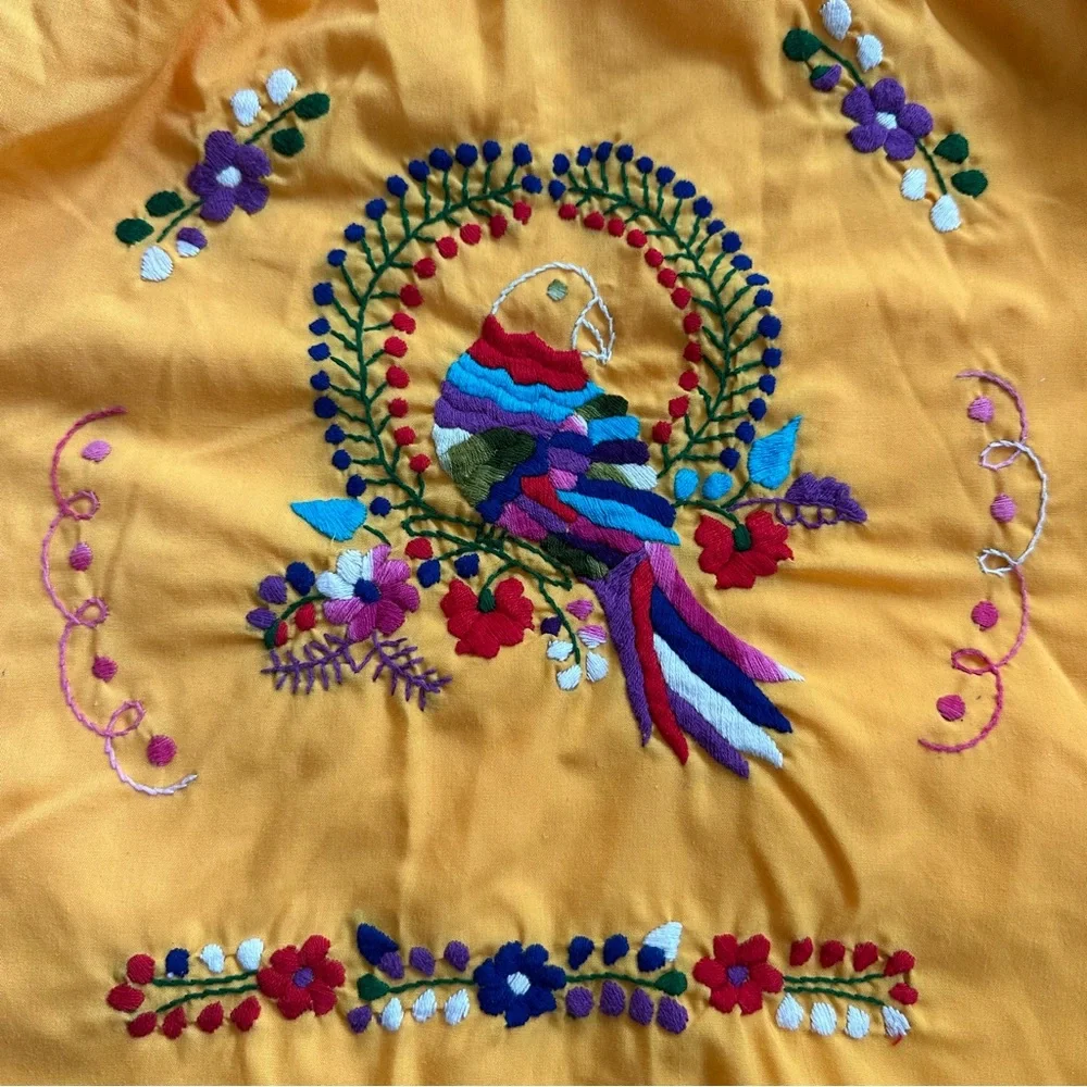 Vintage Mexican Oaxacan Embroidered Parrot Folk Peasant Loose Fit Dress, 10